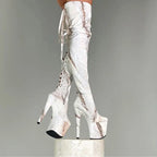 Marble Floral Lace-Up Extreme Platform Thigh High Boots
