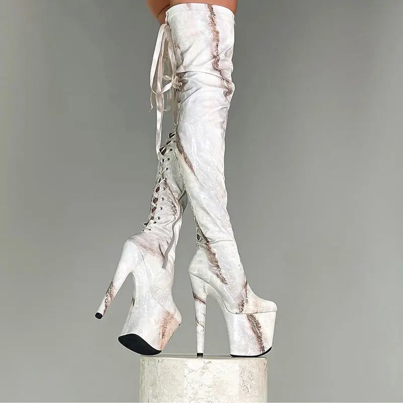 Marble Floral Lace-Up Extreme Platform Thigh High Boots
