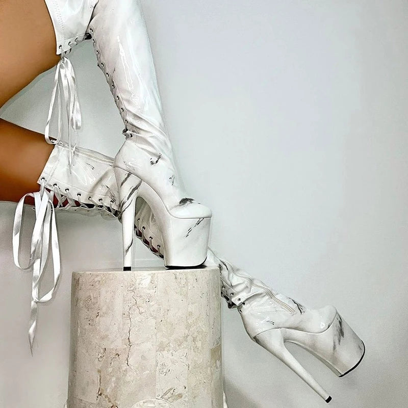 Marble Floral Lace-Up Extreme Platform Thigh High Boots