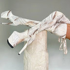 Marble Floral Lace-Up Extreme Platform Thigh High Boots