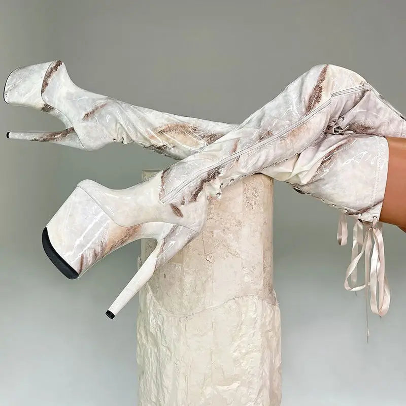 Marble Floral Lace-Up Extreme Platform Thigh High Boots