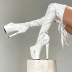 Marble Floral Lace-Up Extreme Platform Thigh High Boots