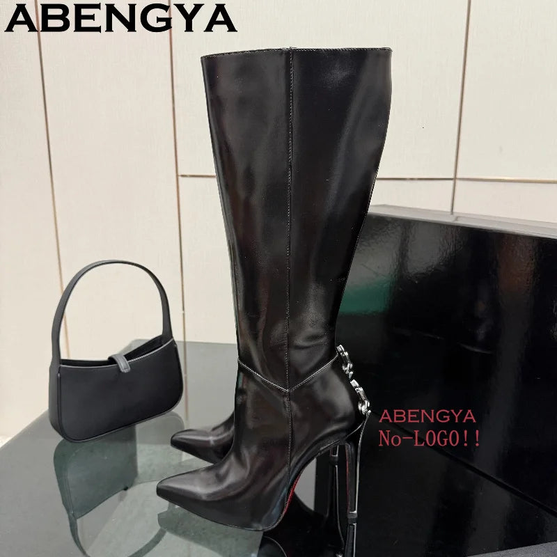 Hot Sale Pointy Toe Knee High Boots Women Patent Leather Metal Stiletto Thin Heels Chelsea Boots Winter Fashion Week Long Boots
