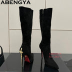 Hot Sale Pointy Toe Knee High Boots Women Patent Leather Metal Stiletto Thin Heels Chelsea Boots Winter Fashion Week Long Boots