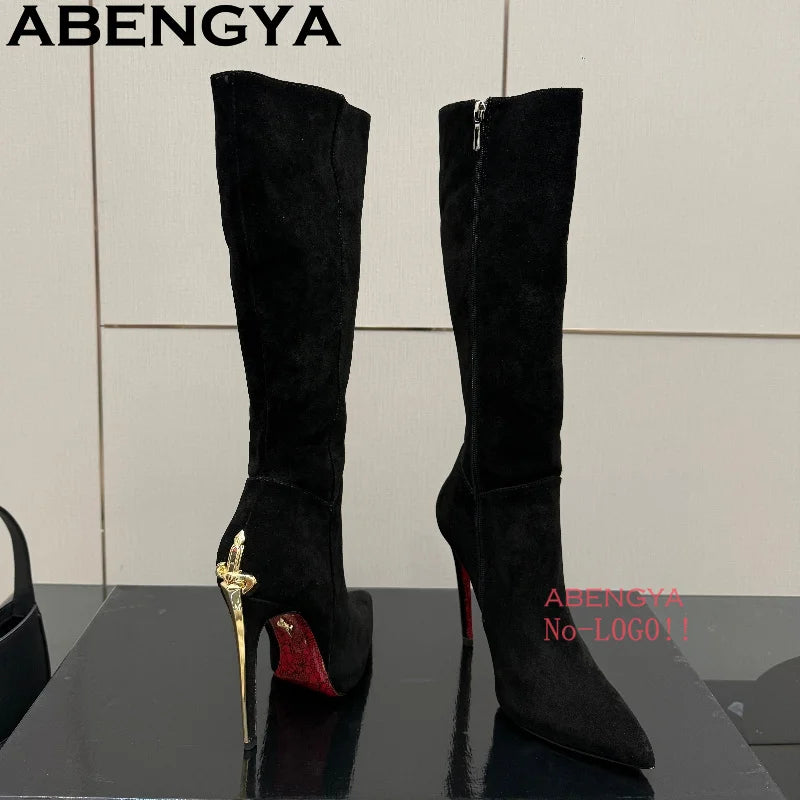 Hot Sale Pointy Toe Knee High Boots Women Patent Leather Metal Stiletto Thin Heels Chelsea Boots Winter Fashion Week Long Boots