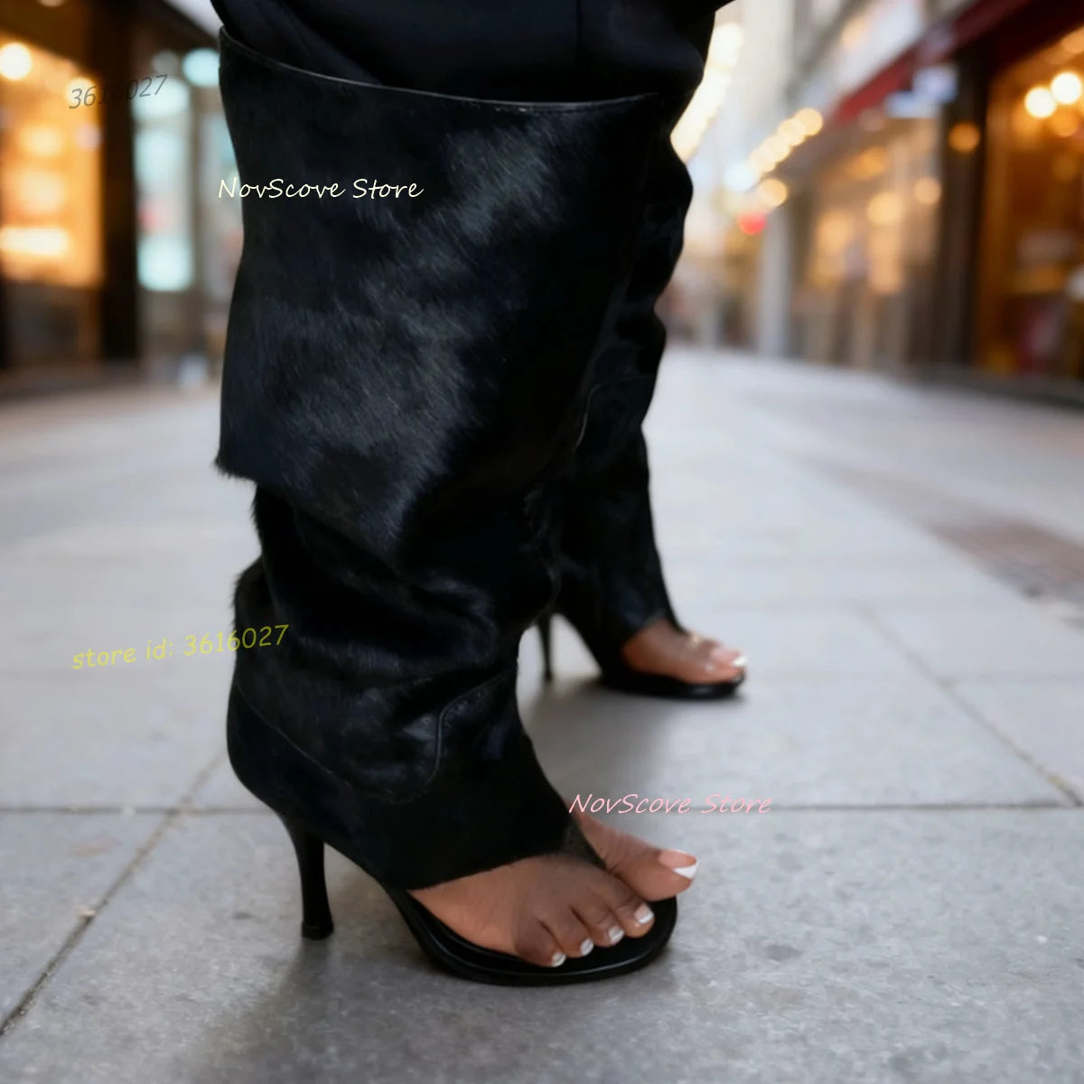Savage Pony Hair Open Toe Knee High Boots
