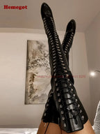 Thigh High Boots Round Toe Super High Heels Cross Tied Platform Lace Up Women's Long Boots Winter Glossy Runway Shoes Luxury