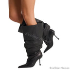 High Heel Pleated Large Circumference Catwalk Boots Women Pointed Toe Strange Style Slip On Knee High Boots Party Fashion Boots