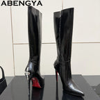 Hot Sale Pointy Toe Knee High Boots Women Patent Leather Metal Stiletto Thin Heels Chelsea Boots Winter Fashion Week Long Boots