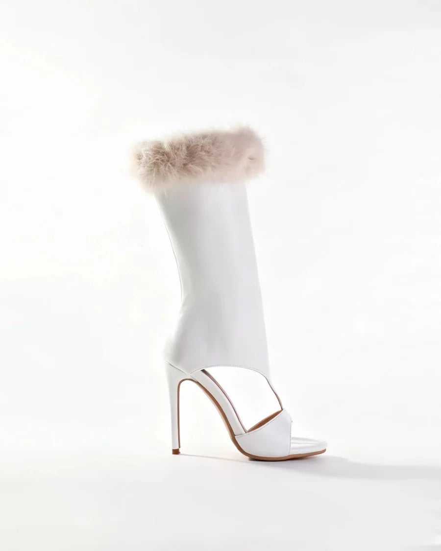 Women White Leather Faux Fur Trim Open Toe Stiletto Heel Knee High Boots, Cutout Side Zipper High Heel BootiesFashion Sexy Boots