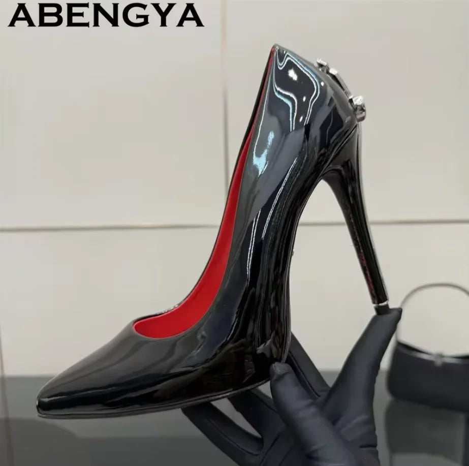 Hot Sale Pointy Toe Knee High Boots Women Patent Leather Metal Stiletto Thin Heels Chelsea Boots Winter Fashion Week Long Boots