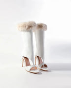 Women White Leather Faux Fur Trim Open Toe Stiletto Heel Knee High Boots, Cutout Side Zipper High Heel BootiesFashion Sexy Boots