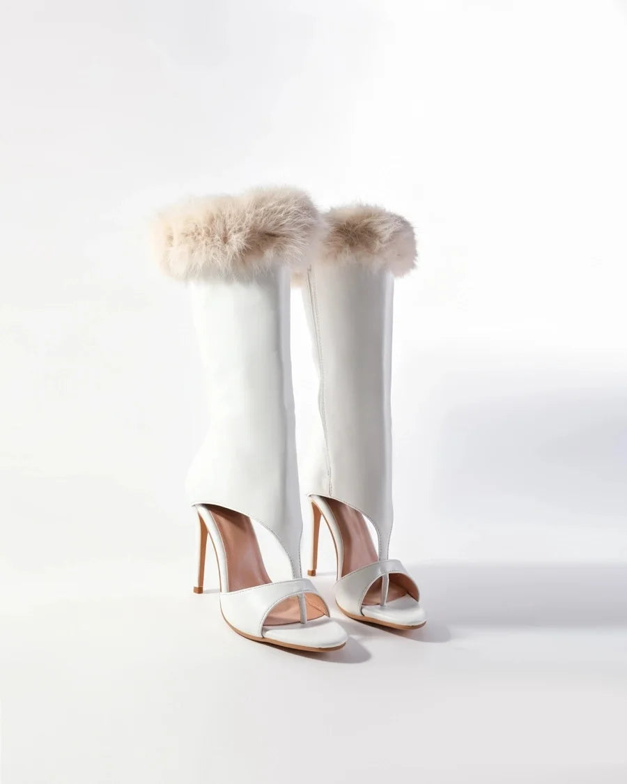 Women White Leather Faux Fur Trim Open Toe Stiletto Heel Knee High Boots, Cutout Side Zipper High Heel BootiesFashion Sexy Boots