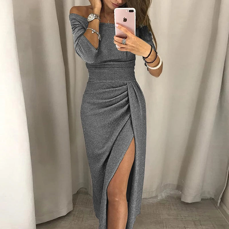 Silk & Curves Off-Shoulder Midi Dress