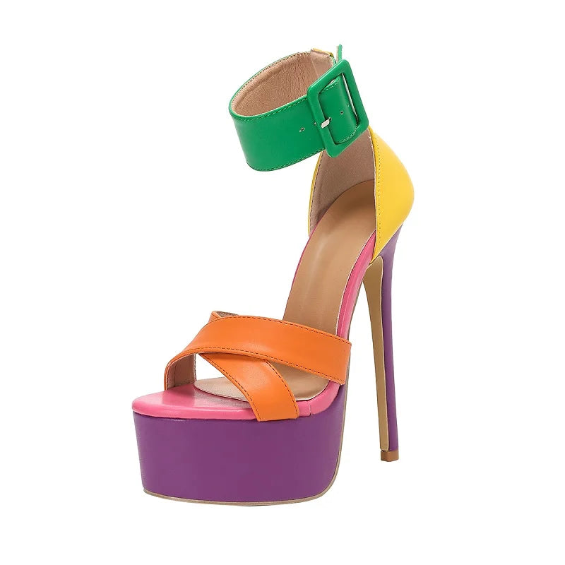 Aneikeh Summer Sexy Open Toe Buckle Color Matching Stiletto Heels Sandals Women Designer Hollow Out Platform Nightclub Shoes