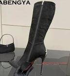Hot Sale Pointy Toe Knee High Boots Women Patent Leather Metal Stiletto Thin Heels Chelsea Boots Winter Fashion Week Long Boots