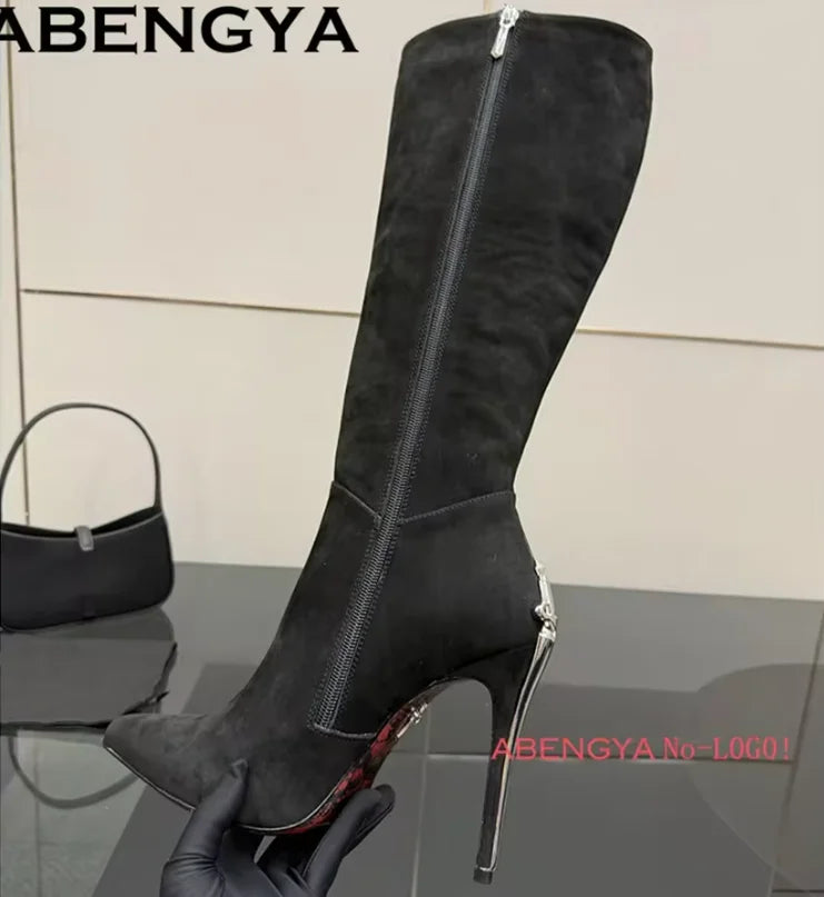 Hot Sale Pointy Toe Knee High Boots Women Patent Leather Metal Stiletto Thin Heels Chelsea Boots Winter Fashion Week Long Boots