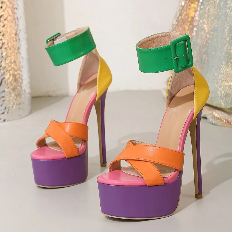 Aneikeh Summer Sexy Open Toe Buckle Color Matching Stiletto Heels Sandals Women Designer Hollow Out Platform Nightclub Shoes