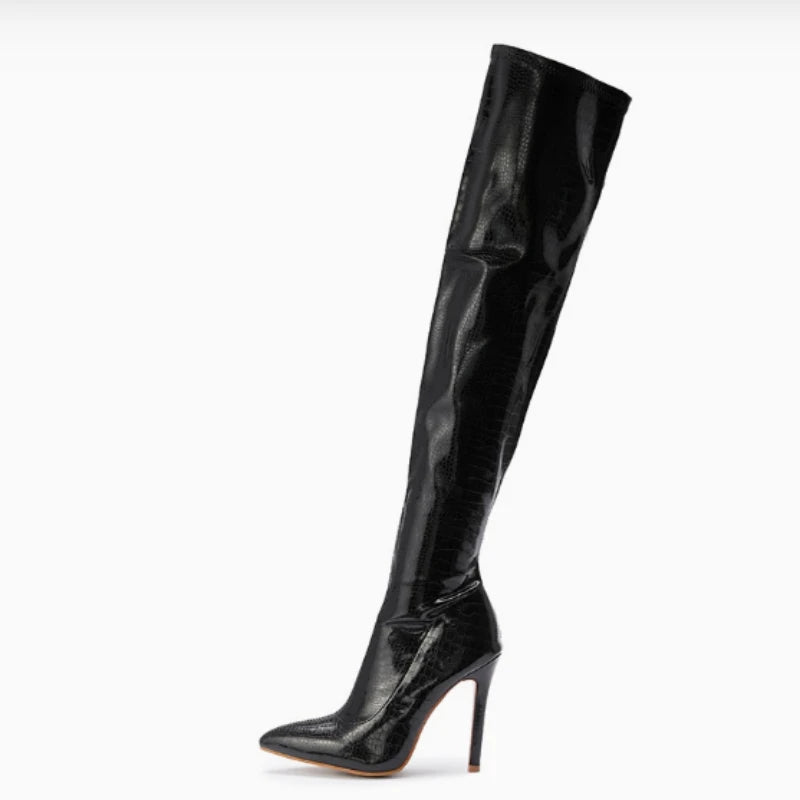 Cobra Croc-Embossed Thigh High Stiletto Boots