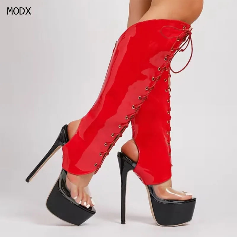 Women White Leather Faux Fur Trim Open Toe Stiletto Heel Knee High Boots, Cutout Side Zipper High Heel BootiesFashion Sexy Boots
