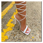 New Women's Summer Plus Size Sexy Square Toe Strappy Stiletto High Heels Cross Strap Sandals