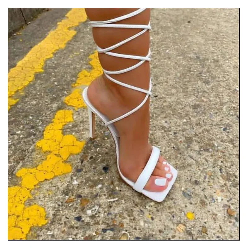 New Women's Summer Plus Size Sexy Square Toe Strappy Stiletto High Heels Cross Strap Sandals