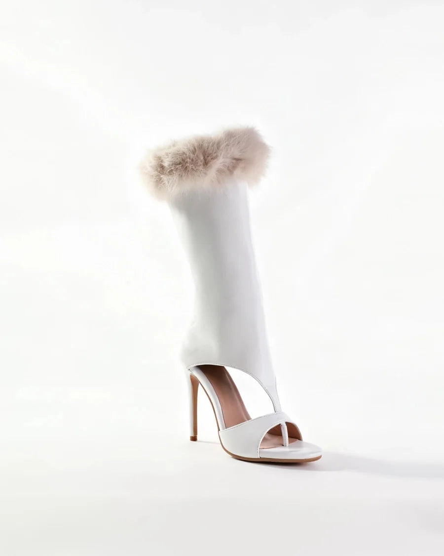 Women White Leather Faux Fur Trim Open Toe Stiletto Heel Knee High Boots, Cutout Side Zipper High Heel BootiesFashion Sexy Boots