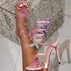 Elegant Design Crystal Butterfly-knot Ankle Strap Woman Sandals Sexy Open Toe Thin High Heels Stripper Party Pumps Shoes