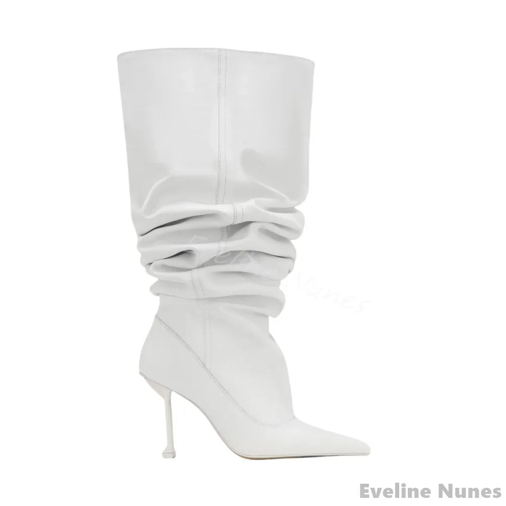 High Heel Pleated Large Circumference Catwalk Boots Women Pointed Toe Strange Style Slip On Knee High Boots Party Fashion Boots