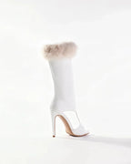 Women White Leather Faux Fur Trim Open Toe Stiletto Heel Knee High Boots, Cutout Side Zipper High Heel BootiesFashion Sexy Boots