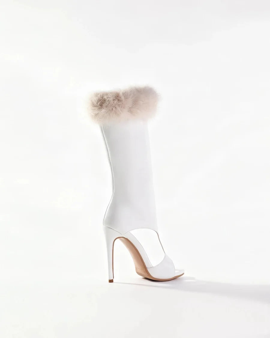 Women White Leather Faux Fur Trim Open Toe Stiletto Heel Knee High Boots, Cutout Side Zipper High Heel BootiesFashion Sexy Boots