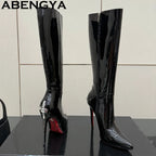 Hot Sale Pointy Toe Knee High Boots Women Patent Leather Metal Stiletto Thin Heels Chelsea Boots Winter Fashion Week Long Boots