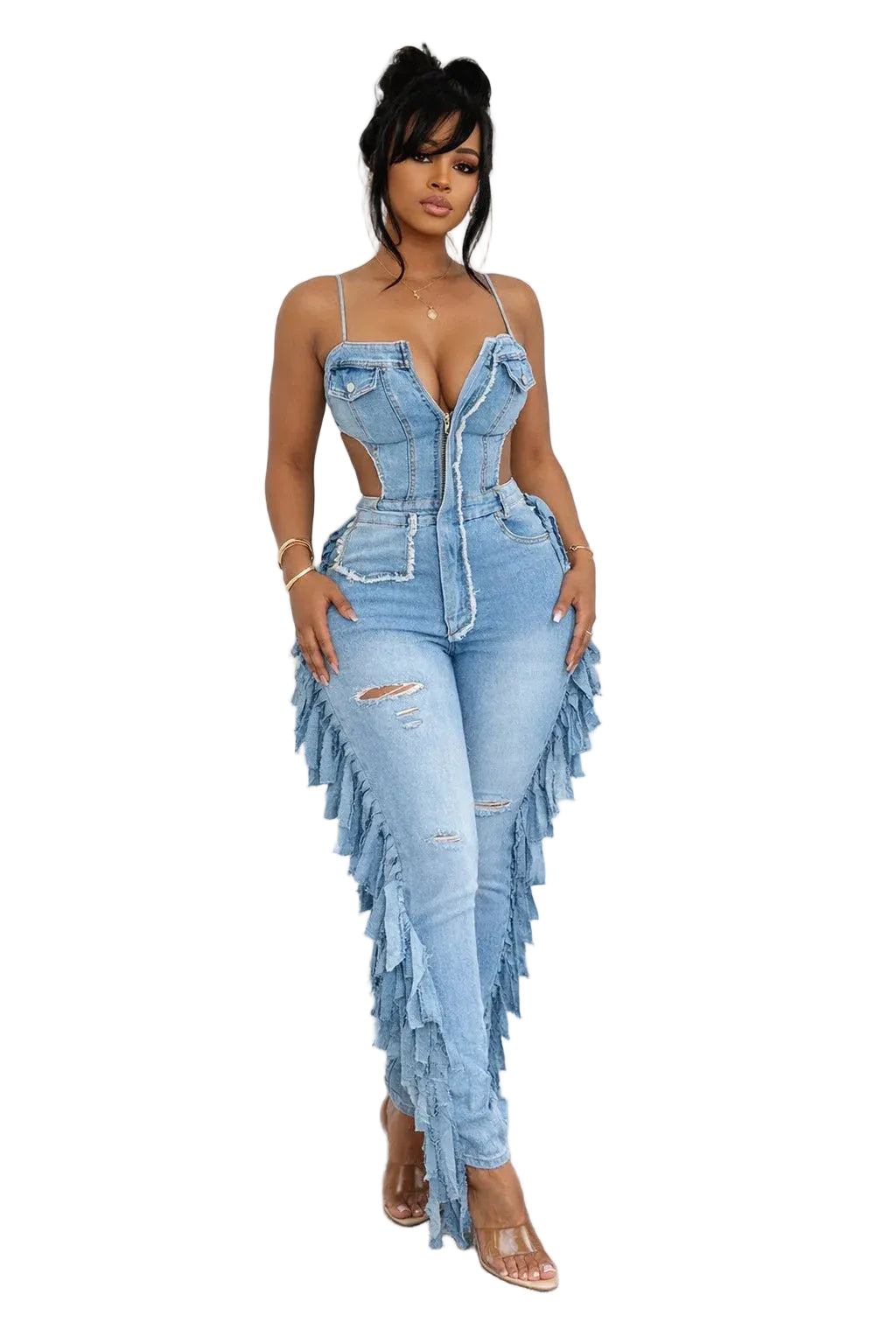 Hollow Out Tassel Denim Jumpsuit