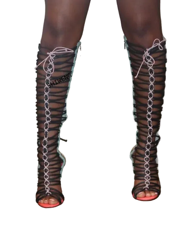 2025 Strappy Knee High Sandals Women Back Lace Up Sexy Female Hollow Cross Strap Sandals Boots Sexy Fashion Open Toe Pumps 44
