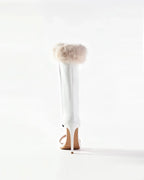 Women White Leather Faux Fur Trim Open Toe Stiletto Heel Knee High Boots, Cutout Side Zipper High Heel BootiesFashion Sexy Boots