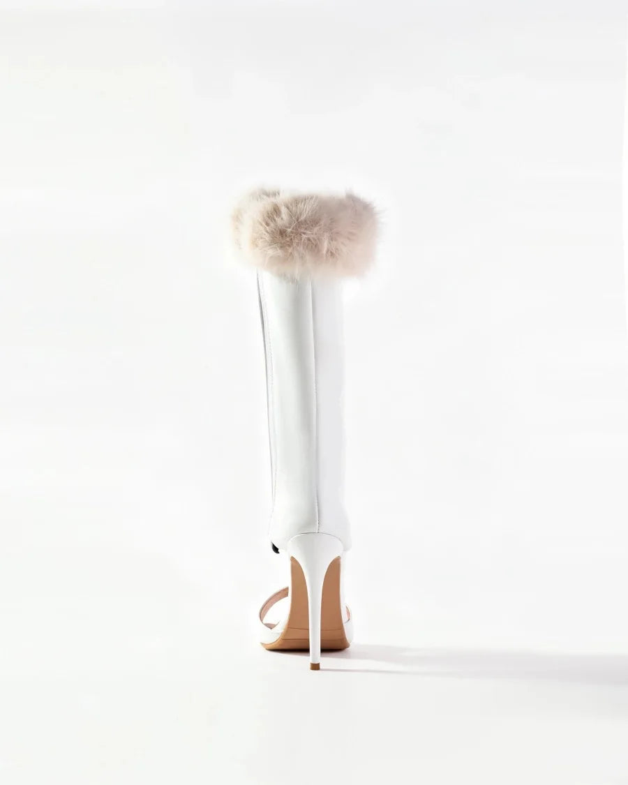 Women White Leather Faux Fur Trim Open Toe Stiletto Heel Knee High Boots, Cutout Side Zipper High Heel BootiesFashion Sexy Boots