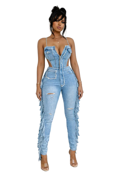 Hollow Out Tassel Denim Jumpsuit