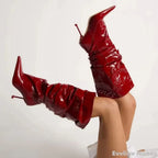 High Heel Pleated Large Circumference Catwalk Boots Women Pointed Toe Strange Style Slip On Knee High Boots Party Fashion Boots