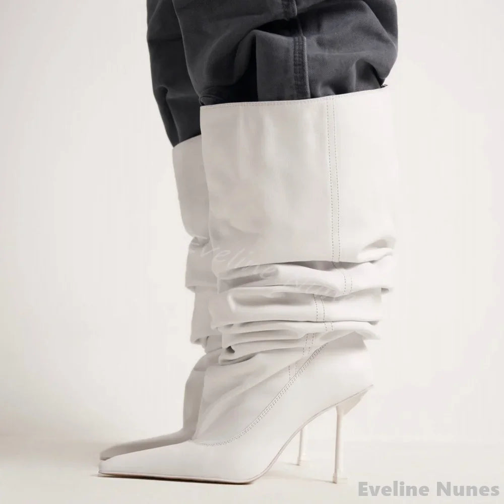 High Heel Pleated Large Circumference Catwalk Boots Women Pointed Toe Strange Style Slip On Knee High Boots Party Fashion Boots