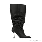 High Heel Pleated Large Circumference Catwalk Boots Women Pointed Toe Strange Style Slip On Knee High Boots Party Fashion Boots