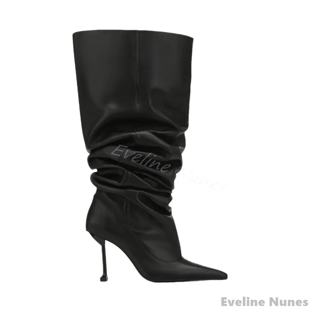 High Heel Pleated Large Circumference Catwalk Boots Women Pointed Toe Strange Style Slip On Knee High Boots Party Fashion Boots