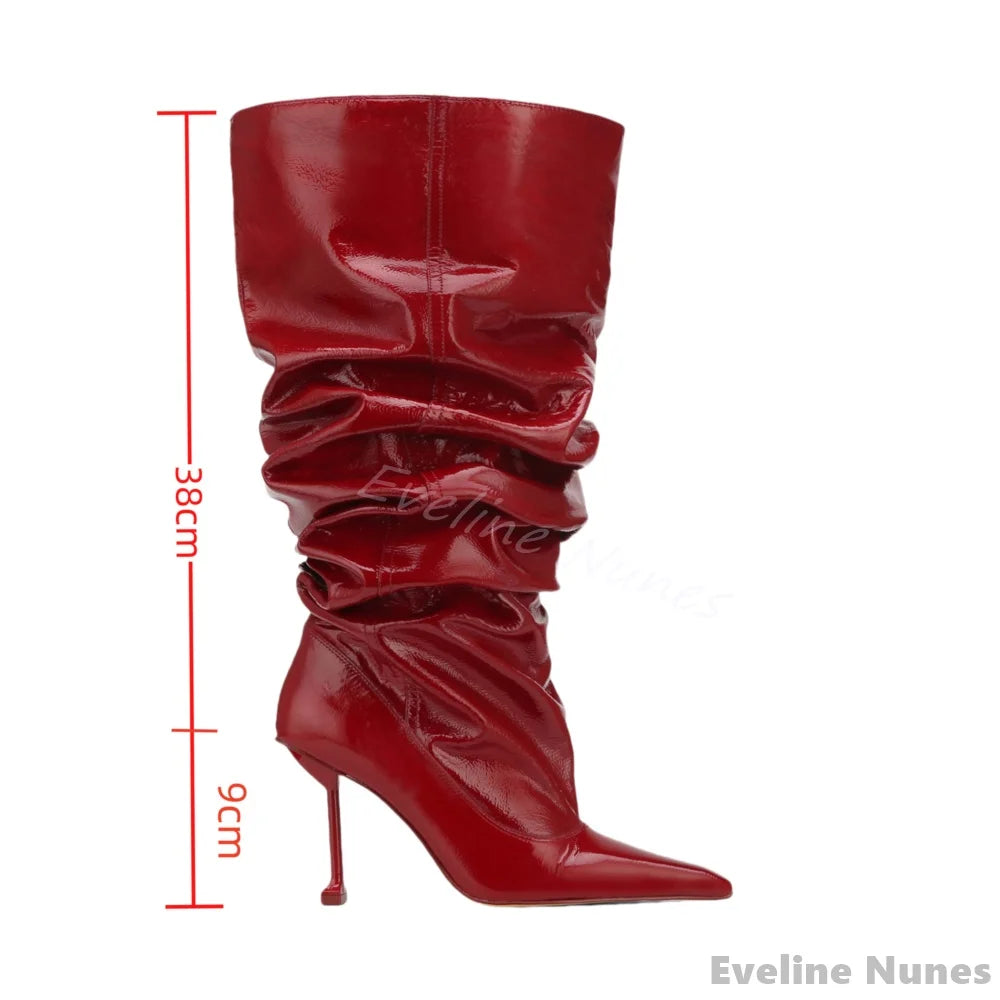 High Heel Pleated Large Circumference Catwalk Boots Women Pointed Toe Strange Style Slip On Knee High Boots Party Fashion Boots