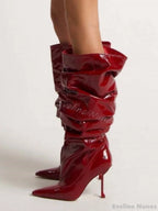 High Heel Pleated Large Circumference Catwalk Boots Women Pointed Toe Strange Style Slip On Knee High Boots Party Fashion Boots