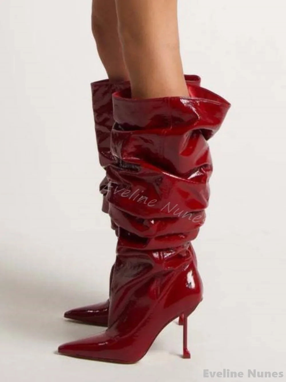 High Heel Pleated Large Circumference Catwalk Boots Women Pointed Toe Strange Style Slip On Knee High Boots Party Fashion Boots