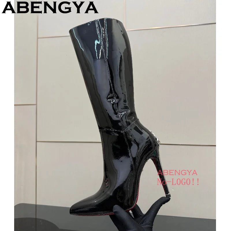Hot Sale Pointy Toe Knee High Boots Women Patent Leather Metal Stiletto Thin Heels Chelsea Boots Winter Fashion Week Long Boots