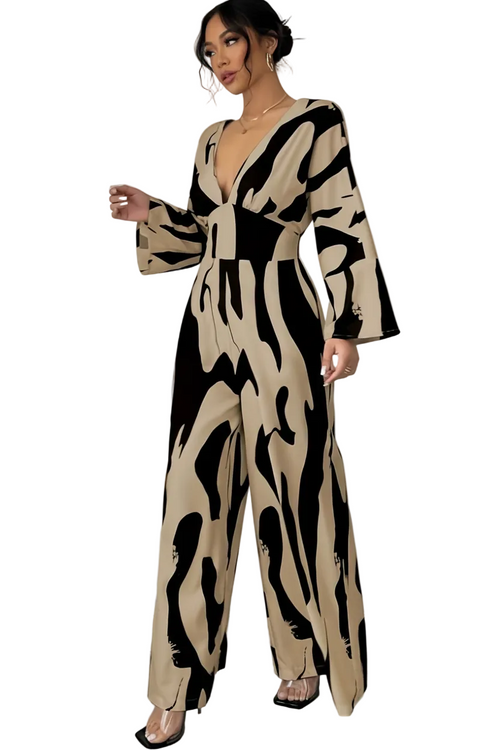 Abstract Print V-Neck Jumpsuit - Front