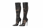 Black Leather Strappy Knee High Boots - Left Side