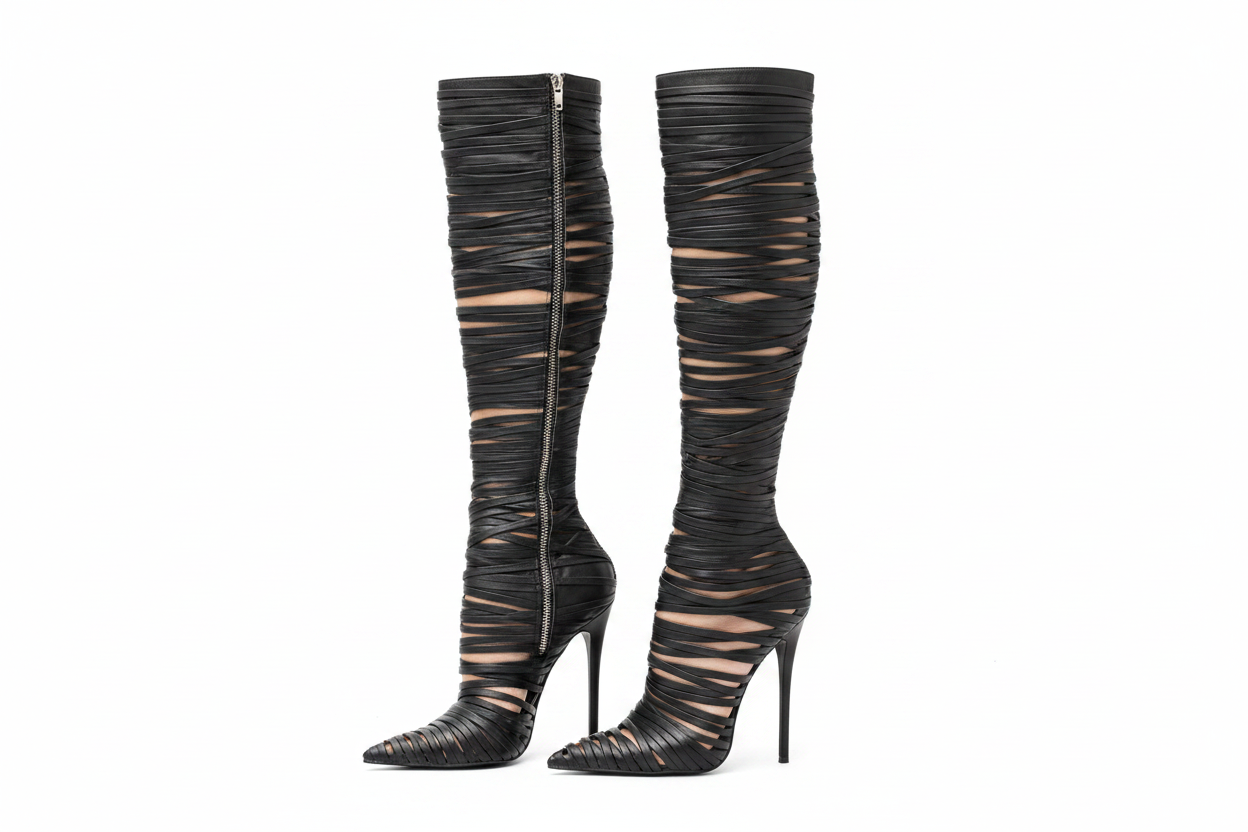 Black Leather Strappy Knee High Boots - Left Side