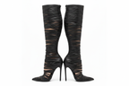 Black Leather Strappy Knee High Boots Pair - Right