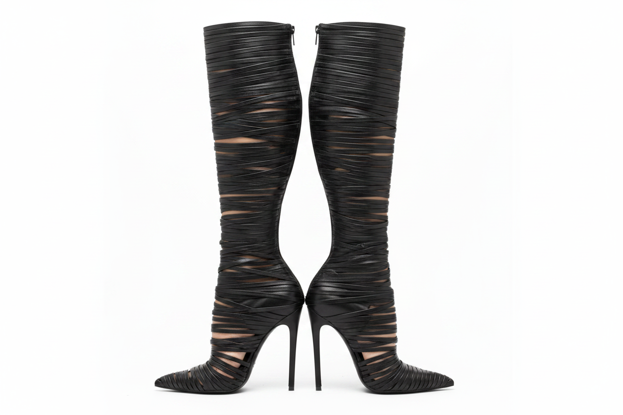 Black Leather Strappy Knee High Boots Pair - Right